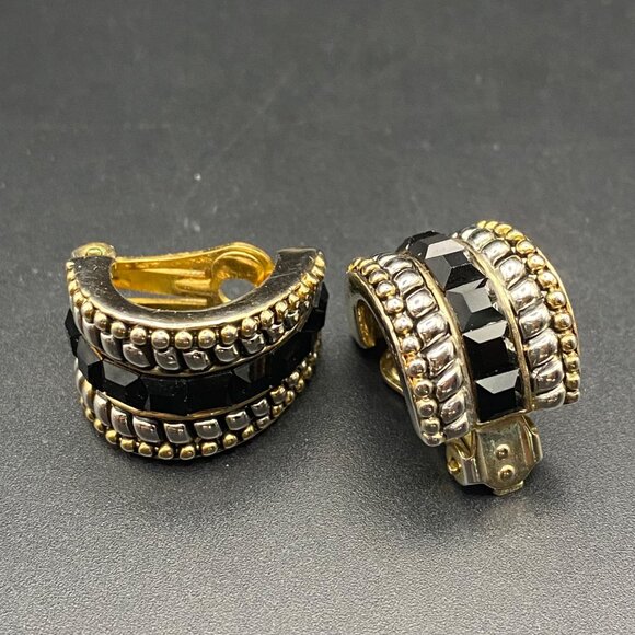 Vintage Clip-On Earrings Hoop Two Tone Black Faceted Glass Statement Chunky - Picture 2 of 10